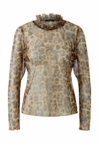Transparante lange mouwen top in luipaardprint, met een ruffles mock neck en getailleerde mouwen. Zachte, lichtgewicht stof met een gladde textuur.
