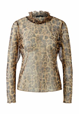 Transparente Bluse mit langen Ärmeln im Leopardenmuster, ausgestattet mit einem gerafften Stehkragen und taillierten Ärmeln. Weicher, leichter Stoff mit glatter Textur.