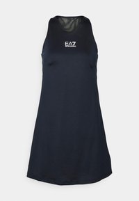 Námořnické bezrukávové šaty s kulatým výstřihem, vyrobené z hladkého materiálu. Jsou zdobeny bílým logem "EA7" na horní části přední strany. Jednoduchý, rovný design.