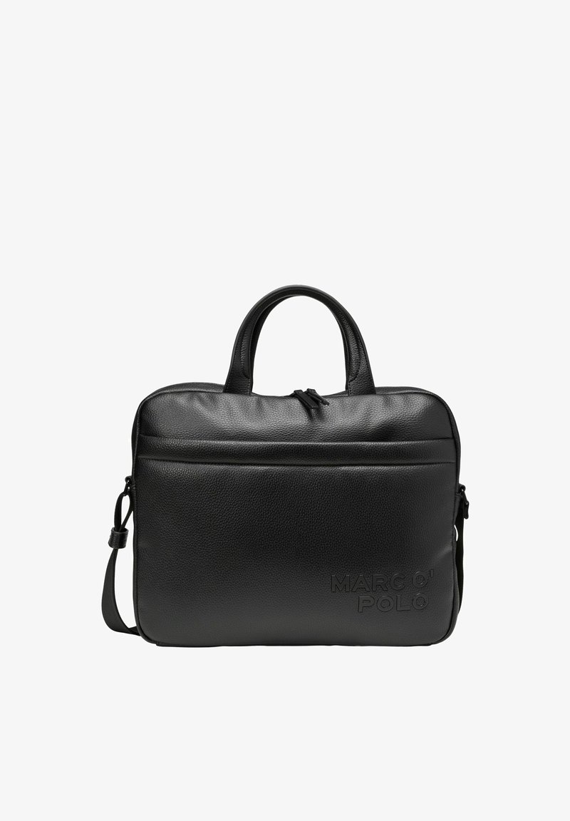Zwarte leren laptoptas met textuur, dubbele handvatten, afneembare schouderband, voorzak met rits en verdiept merkembleem.