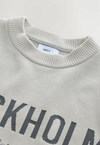 Lys grå sweatshirt med ribbet runde hals. Har mørkegrå tekst og en glat overflade. Etiket læser "NEXT."