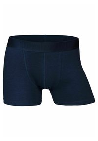 Marineblaue Boxershorts aus glattem Material, mit einem breiten, elastischen Bund, der mit dem Markennamen geprägt ist, und einem unterstützenden Pouch-Design.