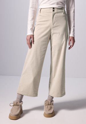 Pantaloni a gamba larga in corduroy beige chiaro con due bottoni frontali e linee verticali testurizzate. Indossati con calzini grigi e scarpe pelose beige.