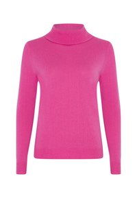 Maglione a collo alto fucsia realizzato in morbido tessuto a maglia a costine con maniche lunghe e forma aderente. Design minimalista senza motivi o dettagli.