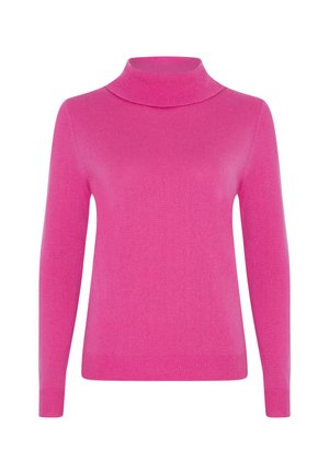 Pull à col roulé fuchsia en tissu tricoté côtelé doux, avec des manches longues et une forme ajustée. Design minimaliste sans motifs ni accents.