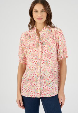 Short-sleeve button-up shirt in lightweight fabric with a pink paisley pattern, featuring ruffled collar and cuff accents.