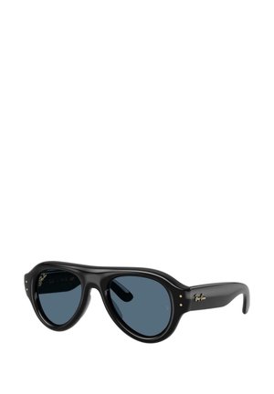 Sorte ovale Ray-Ban solbriller med mørke linser og gyldent logo på stængerne, vist på en hvid baggrund.