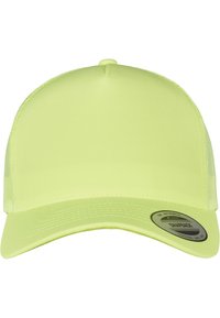 Neon gul hat med en solid front og mesh bag, der har en buet skygge og et Snapback justeringsmærke på siden.
