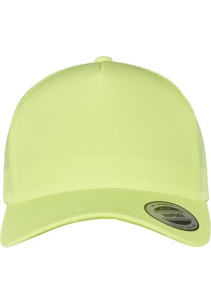 Neon gul hat med en solid front og mesh bag, der har en buet skygge og et Snapback justeringsmærke på siden.