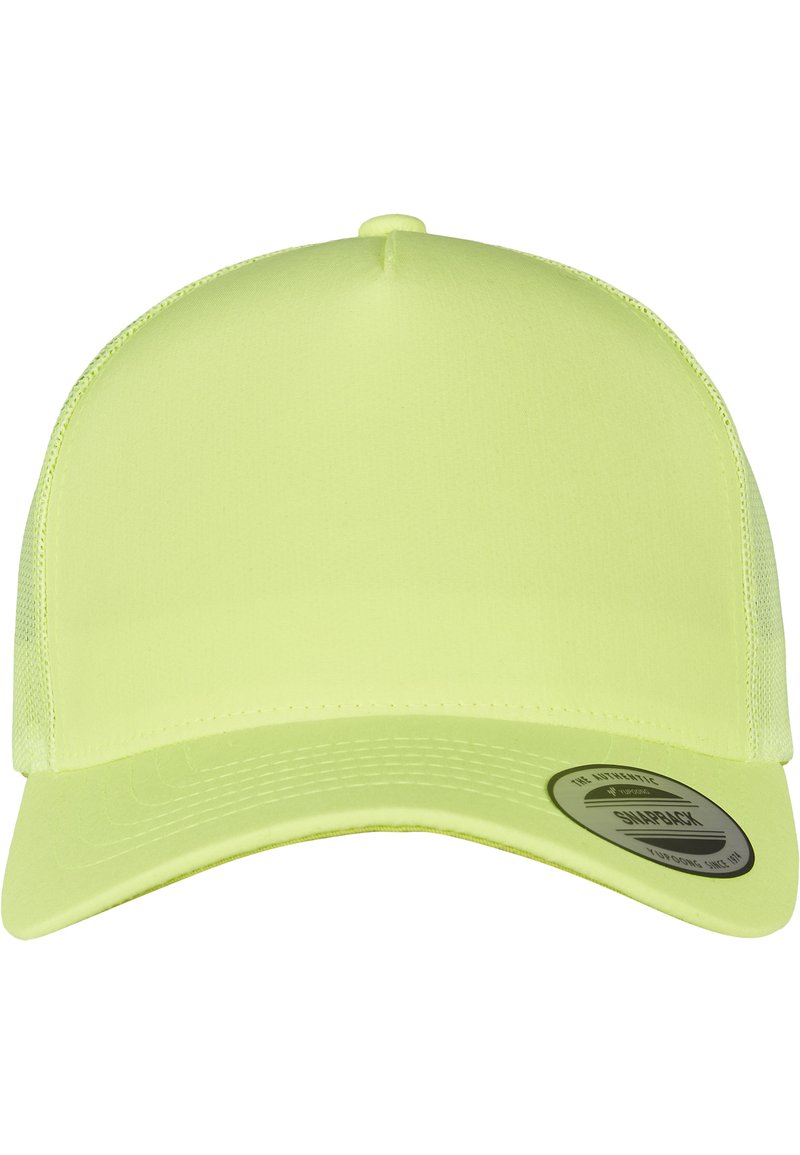 Neon gul hat med en solid front og mesh bag, der har en buet skygge og et Snapback justeringsmærke på siden.