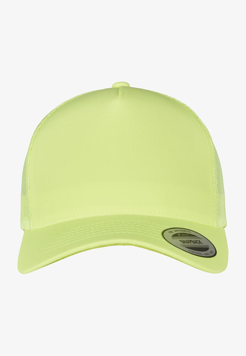 Neon yellow cap with a solid front and mesh back, featuring a curved visor and a Snapback adjustment tag on the side.