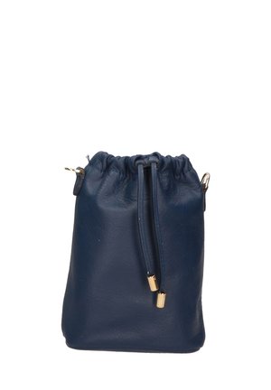 Marineblaue Leder-Zugschnur-Tasche mit goldenen Hardware-Akzenten, weicher Textur und gerafftem oberen Teil. Kompakte, buchtartiger Form.