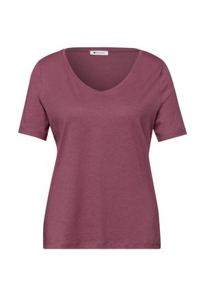 T-shirt pour femme à manches courtes et col en V, de couleur prune douce, en tissu légèrement texturé et coupe régulière.