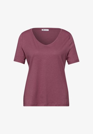 T-shirt pour femme à manches courtes et col en V, de couleur prune douce, en tissu légèrement texturé et coupe régulière.