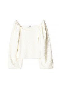 Witte cropped top met lange pofmouwen, gemaakt van een gestructureerde stof en met een ronde halslijn, ontworpen met een relaxte pasvorm.