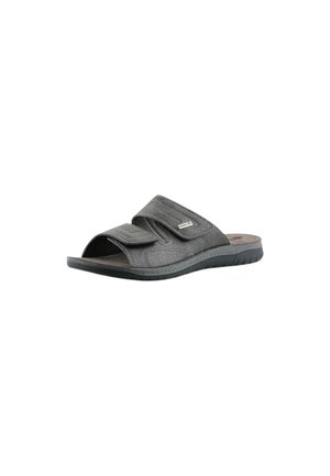 Sandalo grigio con punta aperta, due cinturini regolabili in Velcro e suola texturizzata per uso casual.