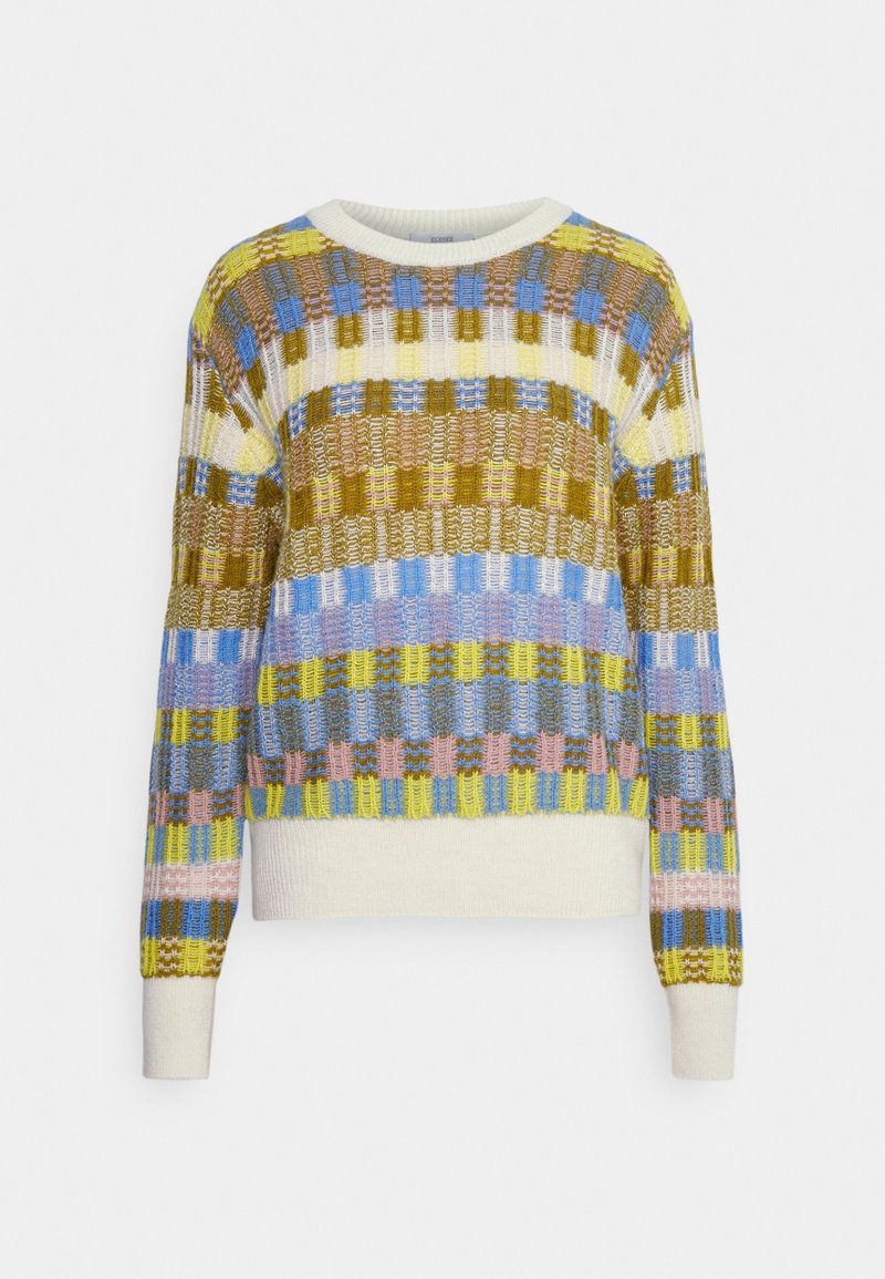 Pull en maille multicolore avec un motif damier en jaune, bleu, rose, marron et blanc, avec poignets et ourlet côtelés.