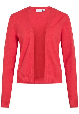 Korallenfarbener Cardigan mit offenem Vorderteil, langen Ärmeln, gerippten Bündchen und Saum, gefertigt aus weichem Strickstoff.
