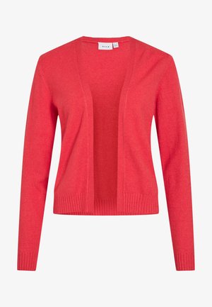 Korallenfarbener Cardigan mit offenem Vorderteil, langen Ärmeln, gerippten Bündchen und Saum, gefertigt aus weichem Strickstoff.