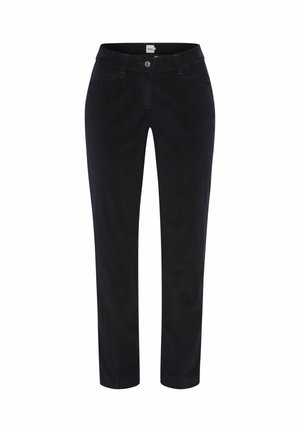 Pantaloni in velluto a coste blu scuro con design a gamba dritta, caratterizzati da tasche frontali, chiusura con bottone e dettagli di cucitura in vista.