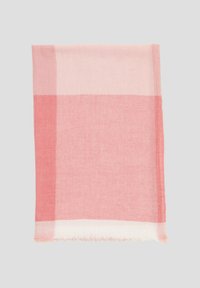 Foulard rectangulaire léger dans des nuances de rose, présentant un motif à carreaux avec des bords frangés. Texture douce, idéale pour le superposition.