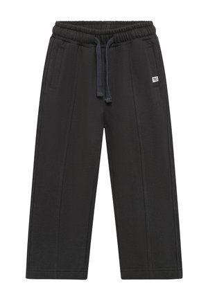 Zwarte casual broek met elastische tailleband, trekkoord, zijzakken en een klein wit label op het rechterzakgebied.