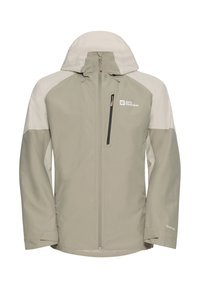 Giacca impermeabile grigia chiara con cappuccio, chiusura frontale con zip e pannelli sulle spalle in crema a contrasto. Include logo del marchio e tessuto testurizzato.