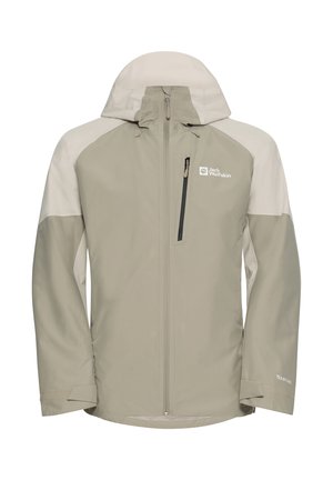 Veste imperméable gris clair avec capuche, fermeture éclair à l'avant et panneaux d'épaules crème contrastants. Inclut un logo de marque et un tissu texturé.