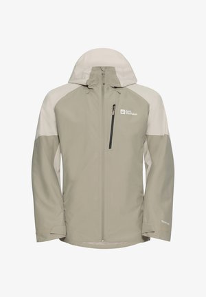 Light gray waterproof jacket featuring a hood, zippered front, and contrasting cream shoulder panels. Includes branded logo and textured fabric.