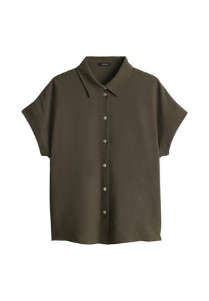 Camicia a maniche corte, verde oliva scuro, con colletto, sei bottoni e vestibilità ampia.