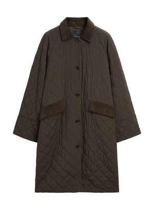 Quilted brown coat featuring a collar, snap buttons, two front pockets, and a textured fabric pattern.