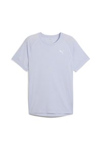 Lyslilla kortærmet T-shirt lavet af blødt stof. Har en rund halsudskæring og et subtilt Puma-logo i hvidt på den øverste venstre side.