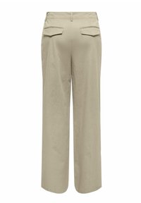 Pantalon taille haute beige à jambes larges, avec passants pour ceinture et deux poches à rabat à l'arrière, présenté sur un fond blanc.