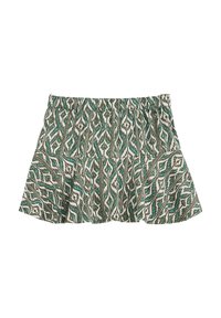 Patterned skirt featuring a smocked waistband, in shades of green and brown with a geometric design and a flared silhouette.