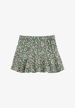 Krilo z vzorcem, ki ima nabran pas, v odtenkih zelene in rjave barve z geometrijskim dizajnom in razširjenim silhuetom.