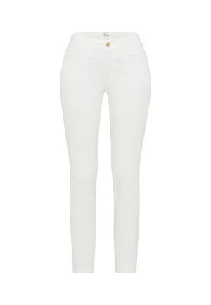 Jeans skinny bianchi realizzati in denim morbido, dotati di chiusura a bottone, cinque tasche e dettagli di cucitura minimi. Tessuto liscio, vestibilità slim.