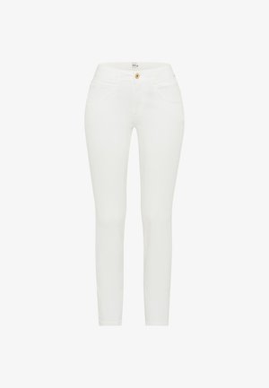 Jeans skinny bianchi realizzati in denim morbido, dotati di chiusura a bottone, cinque tasche e dettagli di cucitura minimi. Tessuto liscio, vestibilità slim.