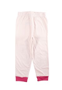 Pantalon de pyjama en coton de couleur rose clair avec une texture douce, doté d'une large ceinture élastique et de poignets contrastants rose foncé au niveau des chevilles.