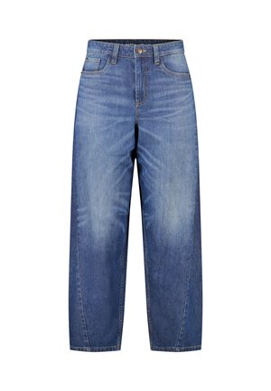 Blauwe high-waist jeans met rechte pijpen, voorste knoop, rits, riemlussen en ontwerp met vijf zakken op een witte achtergrond.