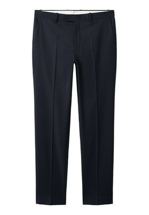 Dunkelblaue, maßgeschneiderte Hosen mit Gürtelschlaufen, vorderen Falten, Seitentaschen und einem Knopfverschluss am Bund.