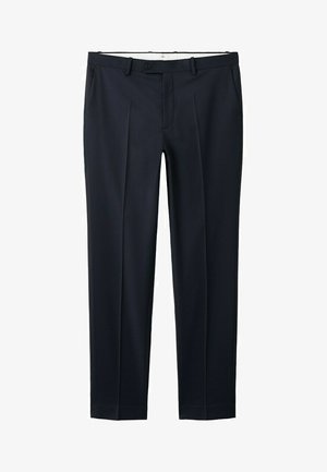 Donkerblauwe, op maat gemaakte broek met riemlussen, voorplooien, zijzakken en een knoopsluiting aan de tailleband.