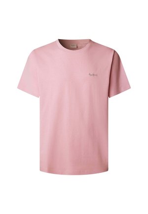 Jasnoróżowy bawełniany T-shirt z krótkim rękawem i okrągłym dekoltem, z małym wyszywanym logo marki na lewej piersi.