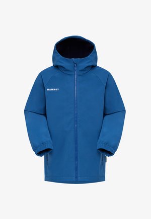 Veste imperméable bleue avec capuche, dotée d'une fermeture éclair complète à l'avant, de manches élastiques et d'un logo sur la poitrine. Texture lisse et design minimaliste.