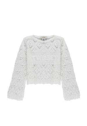 Maglione bianco in maglia a maniche lunghe con motivo in pizzo a diamante e scritta "TWINSET" sul petto, con bordi smerlati.
