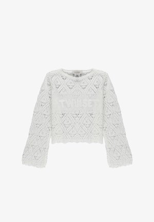 Maglione bianco in maglia a maniche lunghe con motivo in pizzo a diamante e scritta "TWINSET" sul petto, con bordi smerlati.