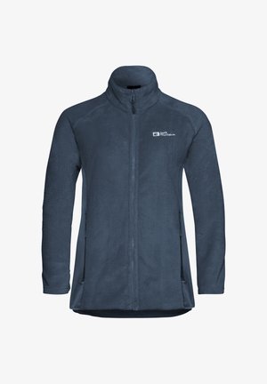 Fleecejacke in dunkelmarineblau mit hohem Kragen, durchgehendem Reißverschluss, seitlichen Taschen und einem Logo auf der linken Brust. Weiche Textur.