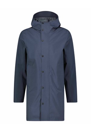 Marineblaue wasserdichte Jacke mit Kapuze, Druckknopfverschluss vorne, zwei Seitentaschen und glatter, matter Textur. Entworfen zum Schutz vor äußeren Einflüssen.