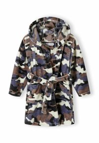 Accappatoio morbido con cappuccio, caratterizzato da un motivo camouflage nei toni del marrone, grigio e bianco. Include una cintura e due tasche frontali.