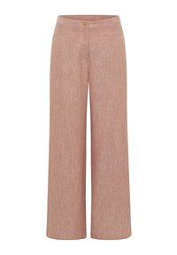 Pants made of light pink fabric with a textured finish. Features a flat waistband, side pockets, and a single button closure. Wide leg design.