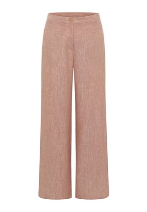 Pants made of light pink fabric with a textured finish. Features a flat waistband, side pockets, and a single button closure. Wide leg design.